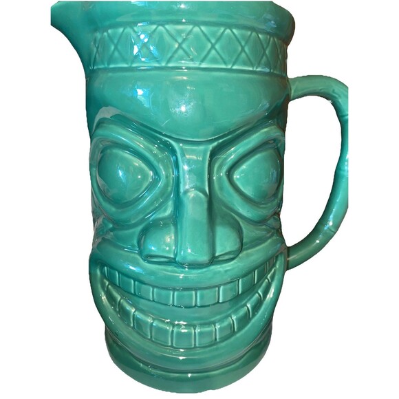 Vintage Tiki Teal Green Ceramic Pottery Pitcher with 6 Matching Glasses Set - Picture 3 of 8